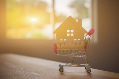Toy shopping cart holding a cardboard house to represent the homebuying process